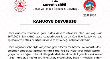 Kayseri'de kar tatili 1 gün süreyle uzatıldı!