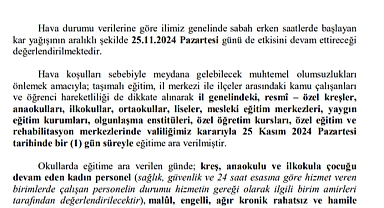 Kayseri’de Kar Yağışı Nedeniyle Okullara 1 Gün Ara Verildi