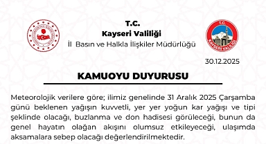 Kayseri’de 31 Aralık’ta Yoğun Kar ve Tipi Uyarısı: Okullara 1 Gün Ara